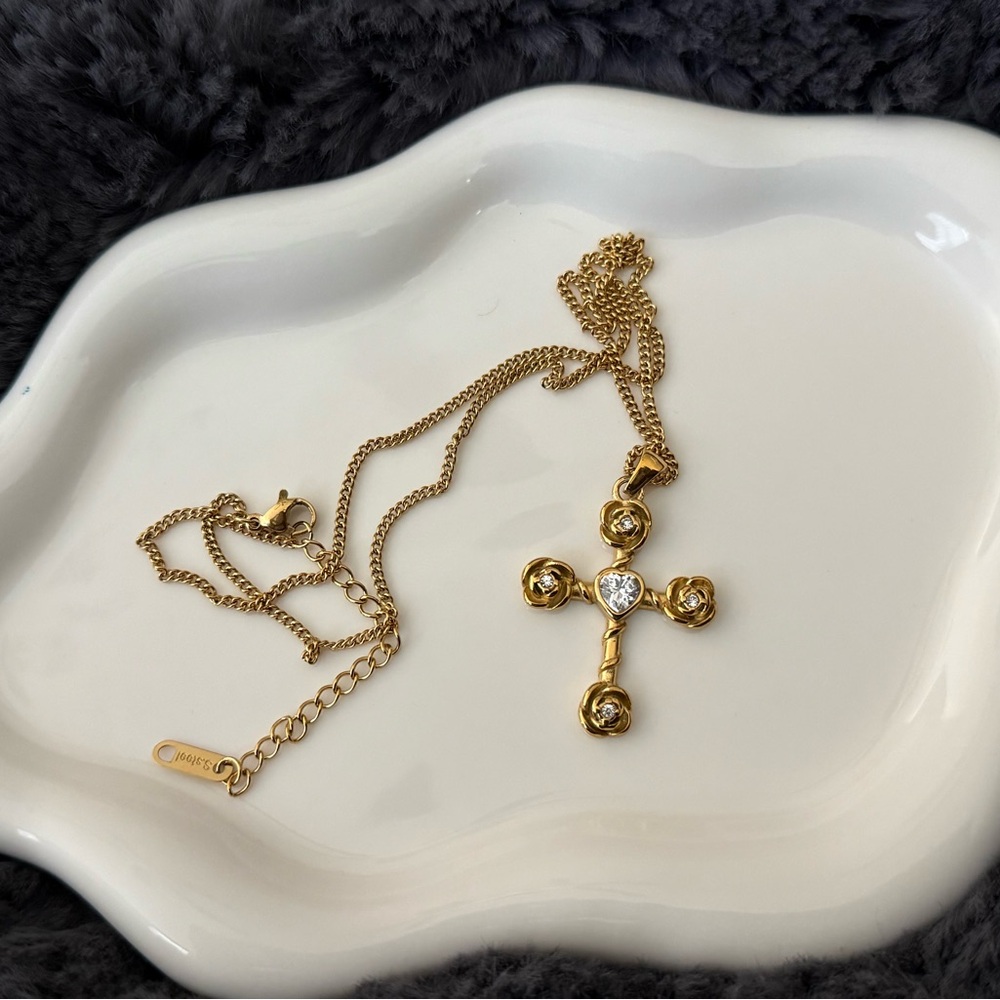Gold Tone Cross with Roses and Heart rhinestones Pendant Necklace